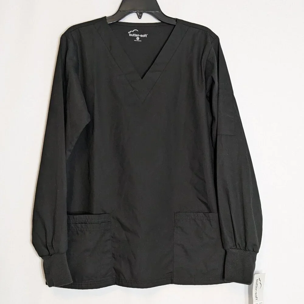 BUTTER-SOFT, NWT Black Long Sleeve Medical Scrub Top; Men Size S